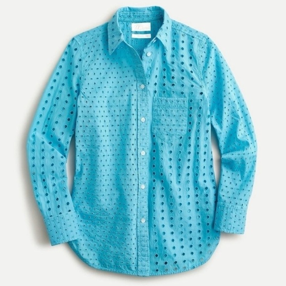 J. Crew Tops - J.Crew Classic Fit Eyelet Button Down Shirt Blue Size 10